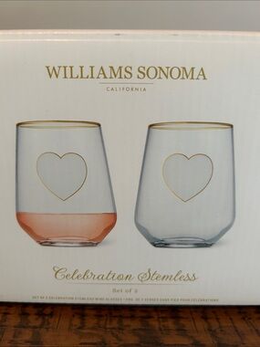 Williams Sonoma Celebration Stemless Wine Glasses - Gold Trim & Heart